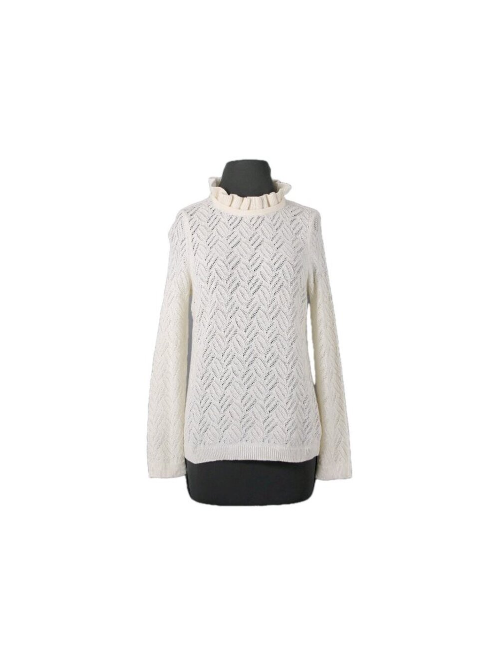 Talbots NEW Sz L Petite Ivory Open Weave Ruffle Neck Cotton Blend Sweater